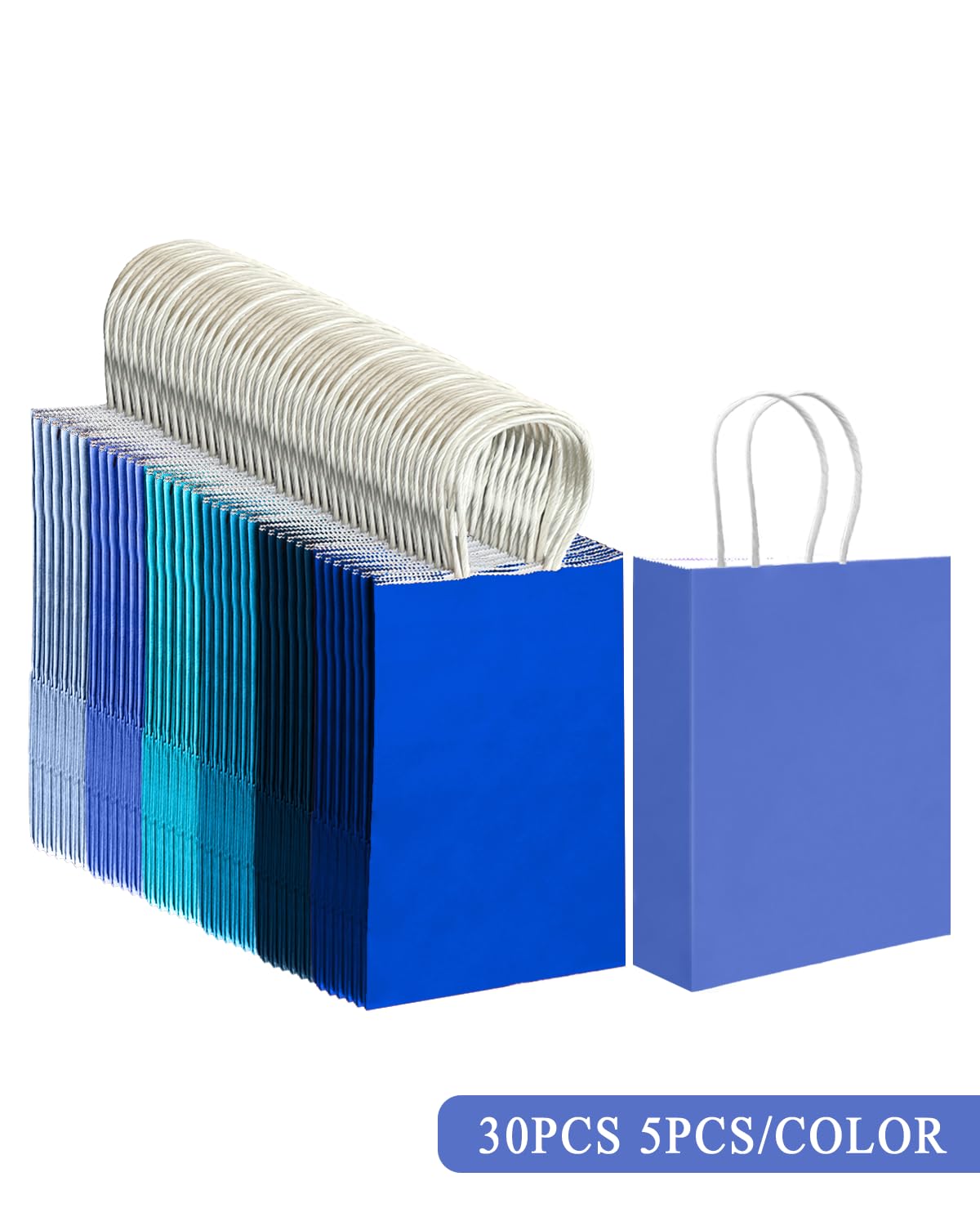 qiqee 30PCS Small Gift Bag with Handles Bulk 8.3"x6"x3" Gift Bags 6 Different Blue Color Bags Multiple Uses (Small Size)