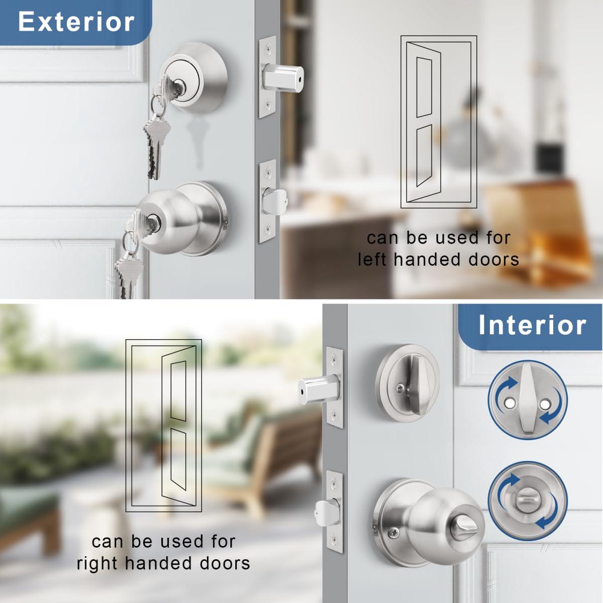 Knobonly Keyed Alike Exterior Door Knob, Round Outdoor Lock with One Sided Deadbolt, Stainless Steel, Satin Nickel Door Knobs, Silver Door Handle Sets, 6 Pack