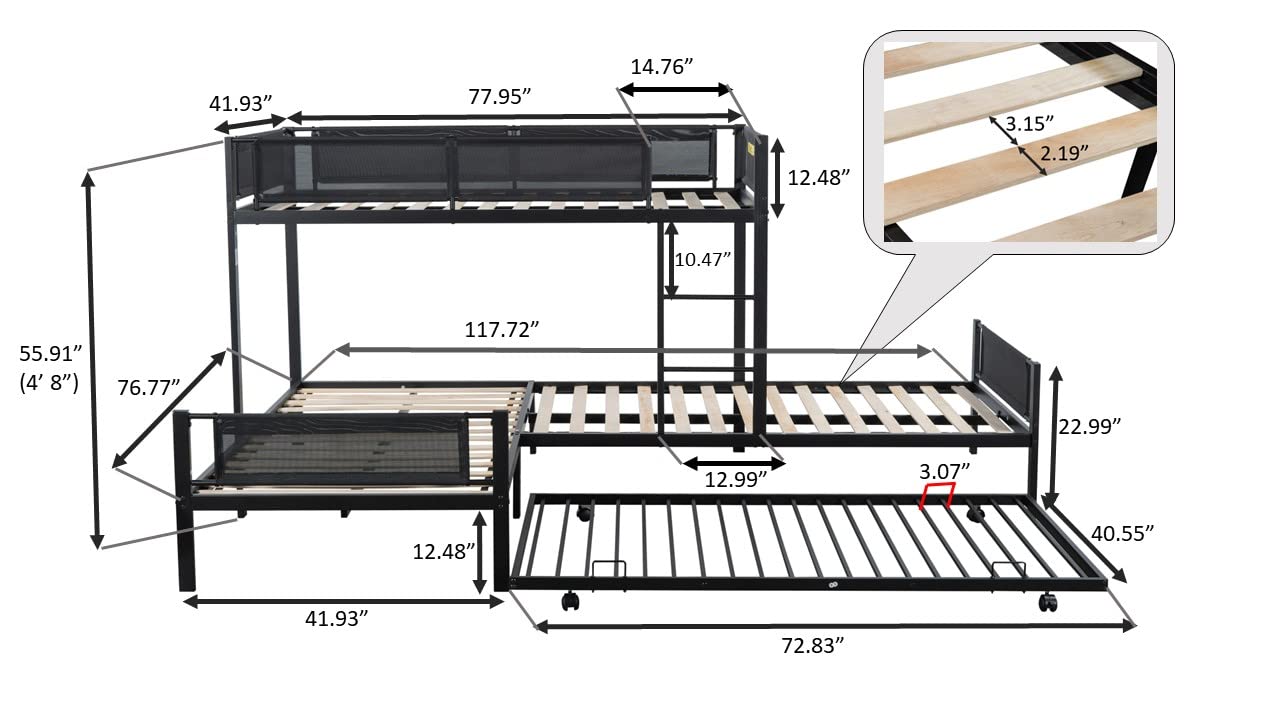 LostCat L-Shape Triple Bunk Bed with Trundle, Twin Over Twin for 4 Kids, Heavy Duty Metal Frame with Safety Guardrail for School, Dormitory, Bedroom, Black