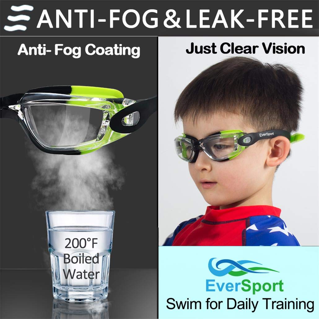 EverSport Kids Swim Goggles, Pack of 2 Swimming Goggles for Children Teens, Portable Anti-Fog Anti-UV Youth Swim Glasses Leak Proof for Age4-16, Green/Black & Mirrored Blue