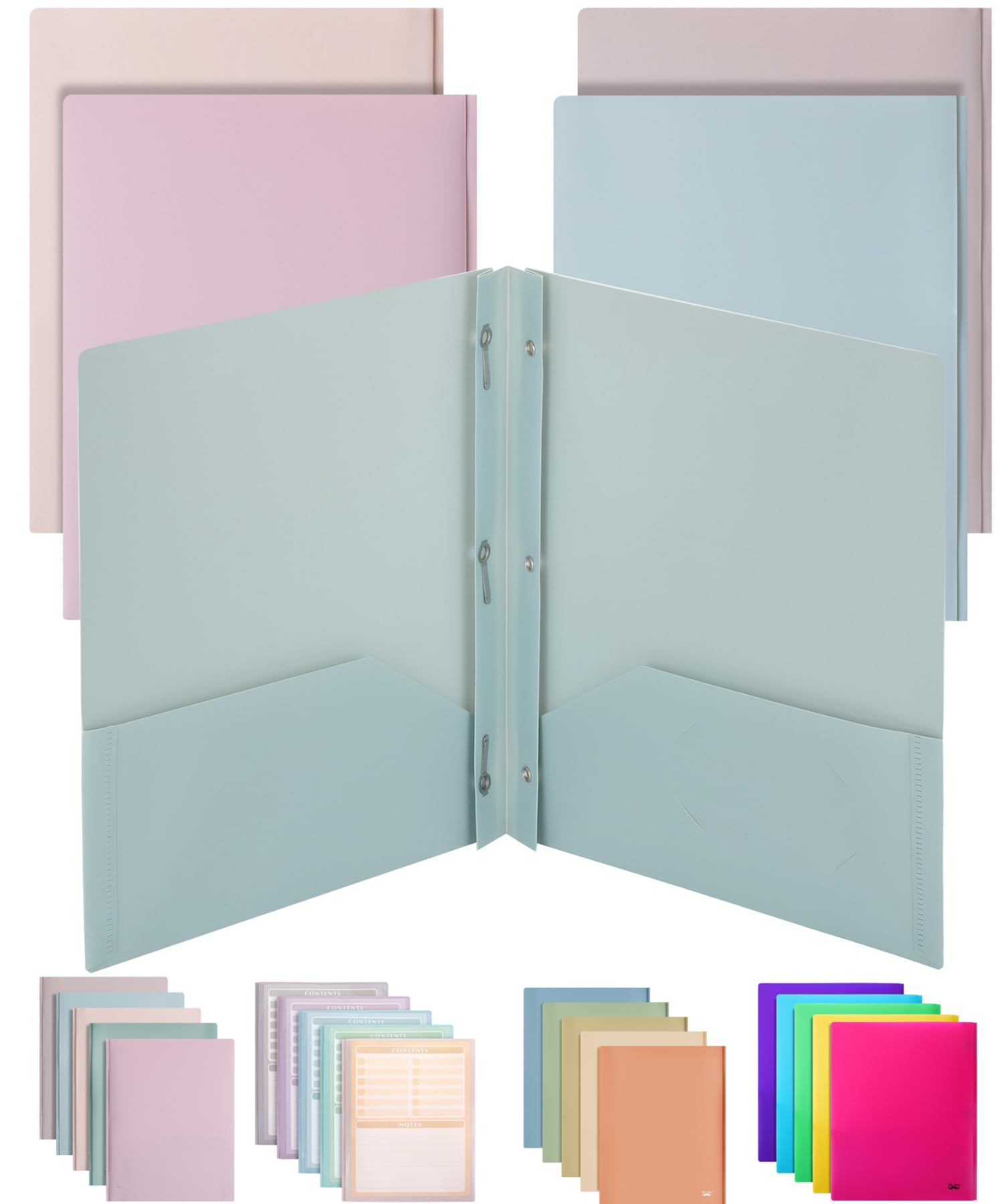 Mr. Pen- Plastic Folders with Pockets and Prong, 5 Pack, Muted Pastel Colors, Pocket Folders, File Fasteners, 2 Folder, Two