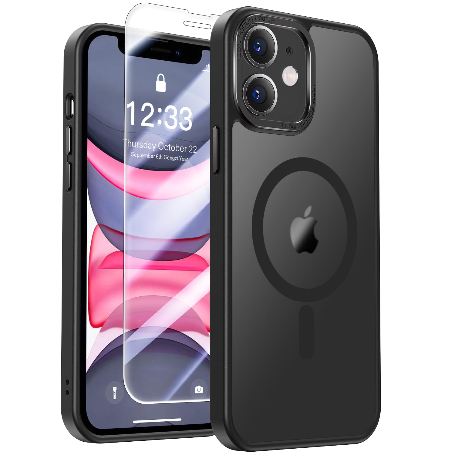 LUHOURI Magnetic for iPhone 11 Case with Screen Protector, Wireless Charging Compatible, Military Grade Drop Protection, Slim Fit Shockproof Translucent Matte iPhone 11 Phone Case 6.1" - Black