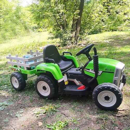 SEHOMY Kids Ride on Tractor with Trailer and 25W Dual Motors, 12V Battery Powered Electric Kids Car Vehicle Toys with Remote, 3-Gear-Shift, Music, LED Lights,USB, Power Wheels for Boys Green