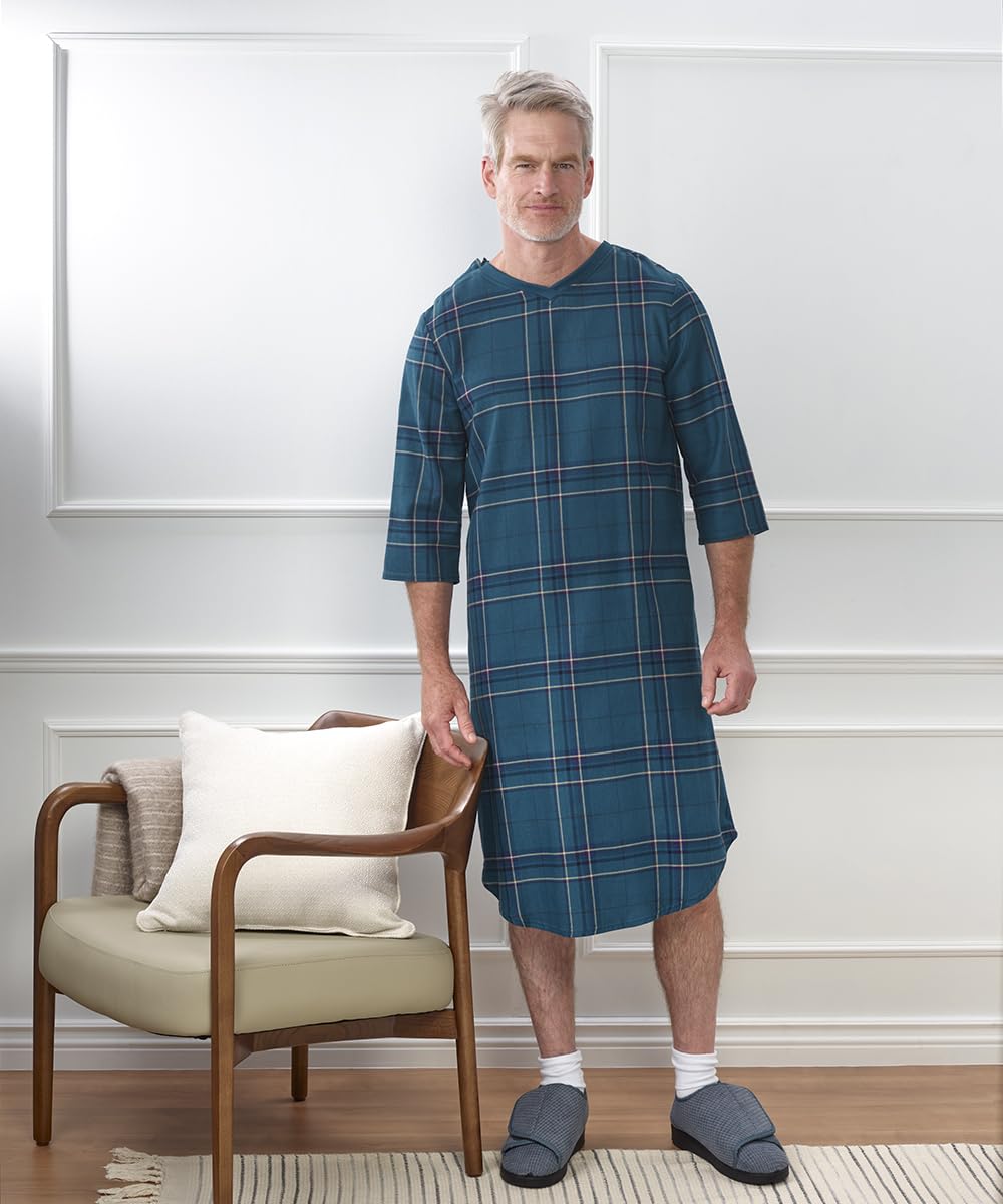 Men’s Open Back Adaptive Flannel Nightgown for Seniors - Back Snap Nightgowns With Dome Closure - Blue Buffalo MED
