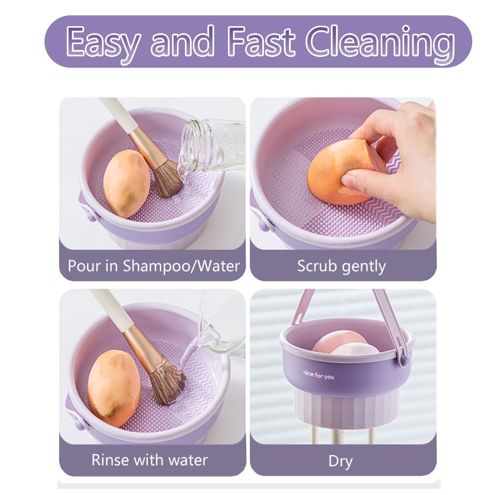 Makeup Brush Cleaning Set Brush Cleaner Dyer Holder 3 in 1 Portable Cleaning Tool for Brushes, Powder Puffs, and Sponges with Bowl, Holder & Mat(purple)