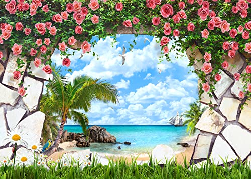 CORFOTO 7x5ft Fabric Window View of Tropical Beach Backdrop Pink Rose Flowers Stone Wall Scenery Palm Scenery Background Birthday Wedding Theme Party Decorations Photo Booth Studios Props Wallpaper