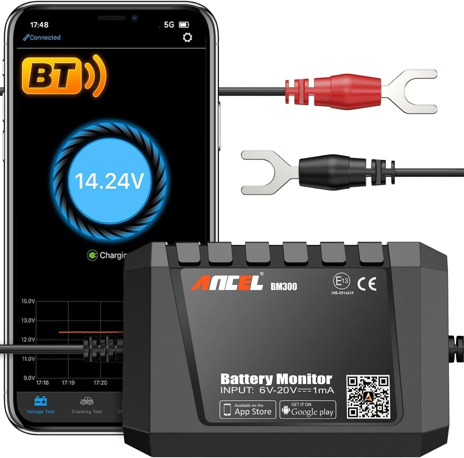 ANCEL BM300 12V Battery Monitor - Bluetooth 4.0 Automotive Voltmeter with Charging, Cranking System Test & Alarm - Compatible for Solar Power Systems, RVs, Motorcycles, Boats, Cars, and Trucks