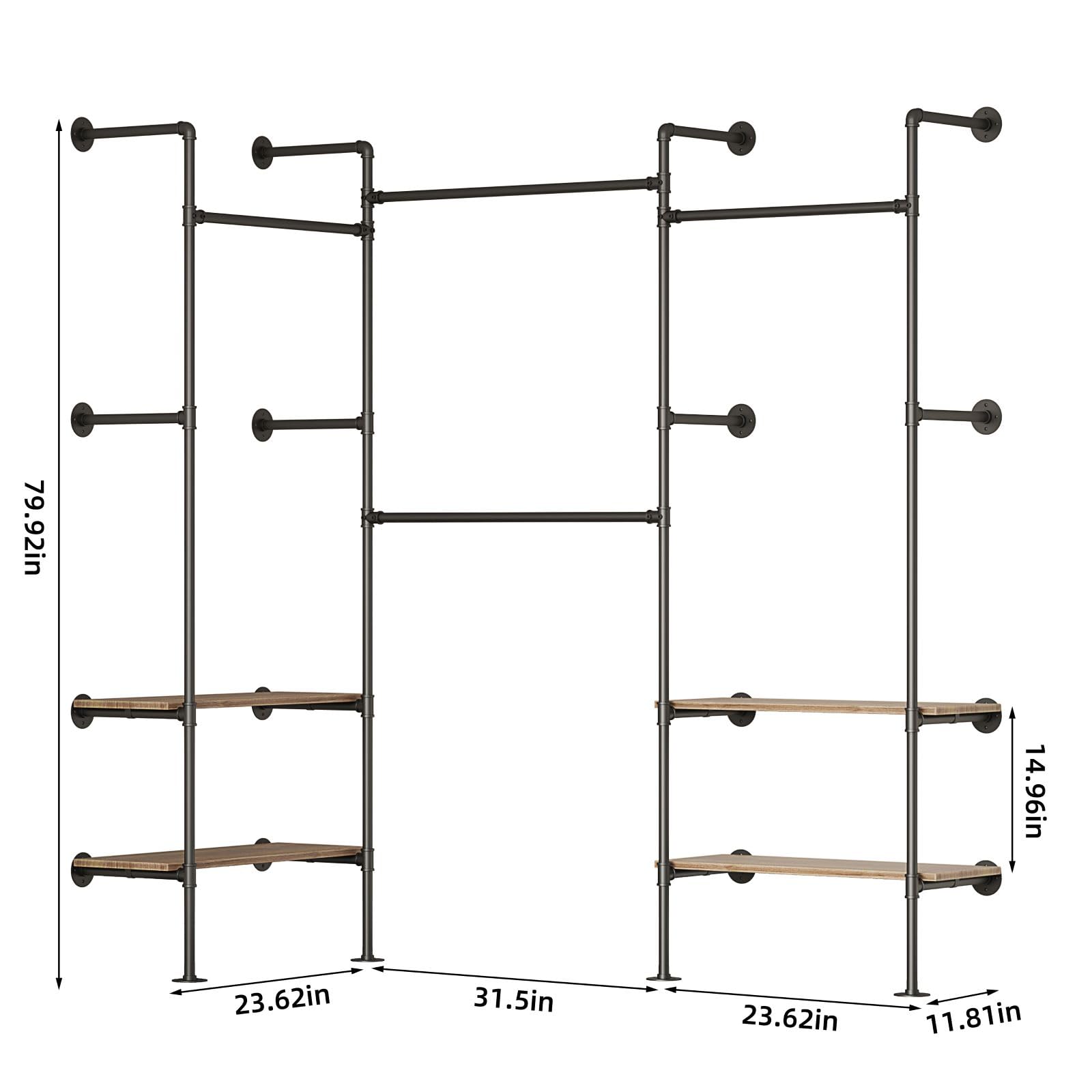 Woskar Industrial Pipe Clothing Rack, Wall Mounted Clothes Rack for Hanging Clothes, Retail Display Rack with Shelves, Add Corner installation Method (Black, III-2Tier)