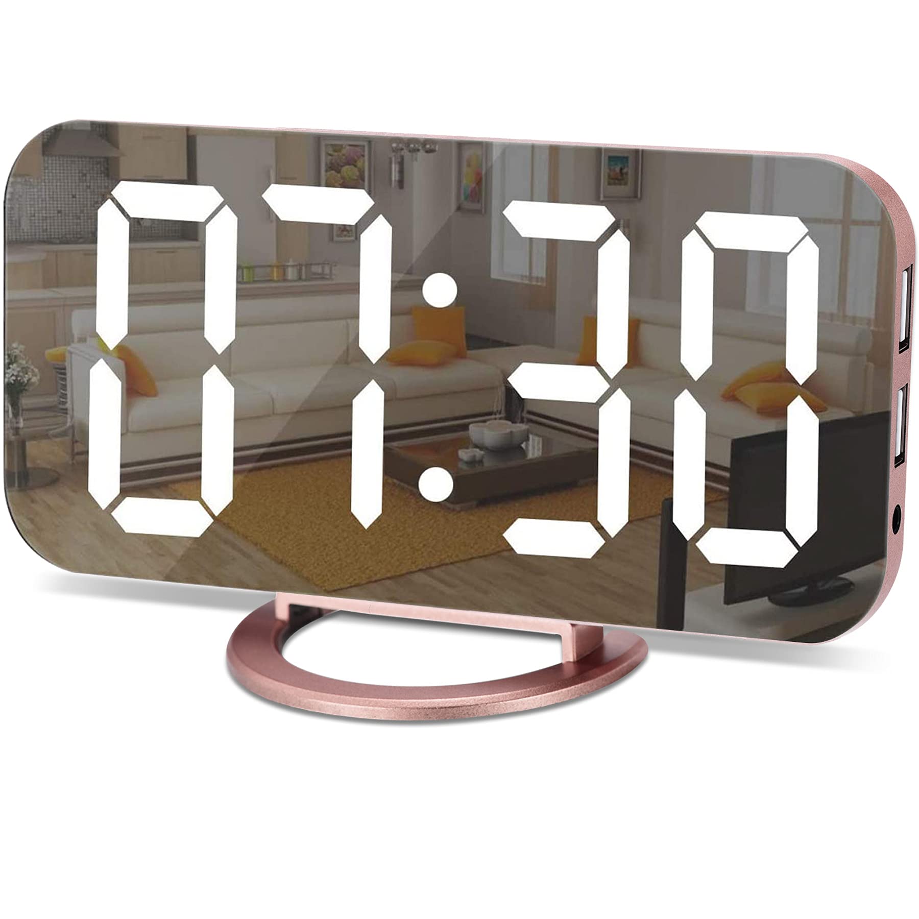 SZELAM Alarm Clock for Bedroom,LED and Mirror Digital Clock Large Display,with Dual USB Charger Ports,Auto Dim,Snooze Mode,Modern Desk/Wall Electronic Clock for Girl Woman Mom Teens - Rose Gold