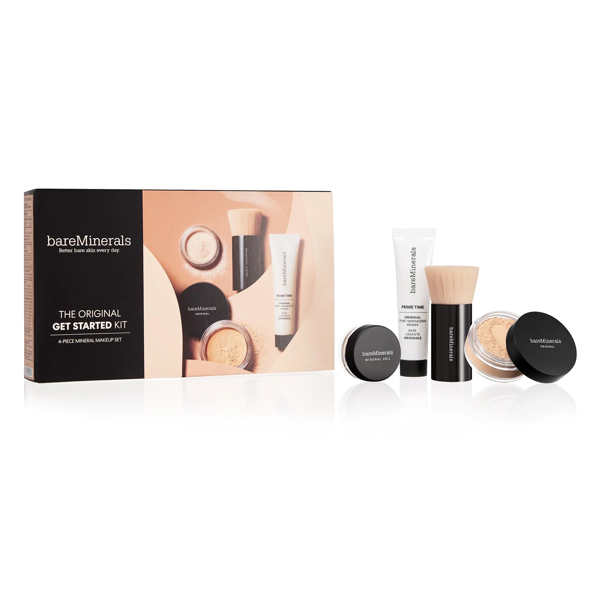 bareMinerals Original Get Started Kit, 4 Piece Mini Mineral Makeup Includes Original Loose Foundation, Face Primer, Setting Powder, Brush, Travel Sizes, Must-Have Kit, Vegan