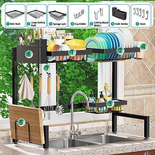 YKLSLH Over The Sink Dish Drying Rack 2 Tiers, for All Sinks (24.8"-35.4"),Expandable Large Capacity Sink Rack, Metal Drying Rack for Kitchen and Family Use