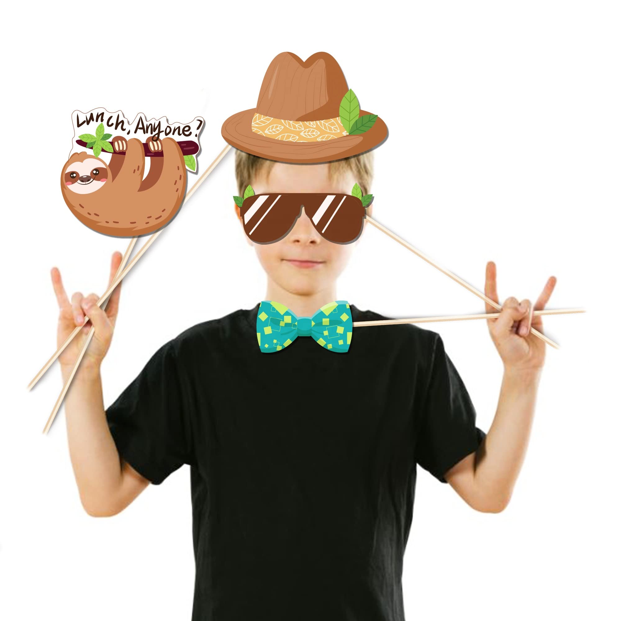 Kristin Paradise 25Pcs Sloth Photo Booth Props with Stick, Jungle Animals Theme Selfie Props, Birthday Party Supplies, Photography Backdrop Decorations