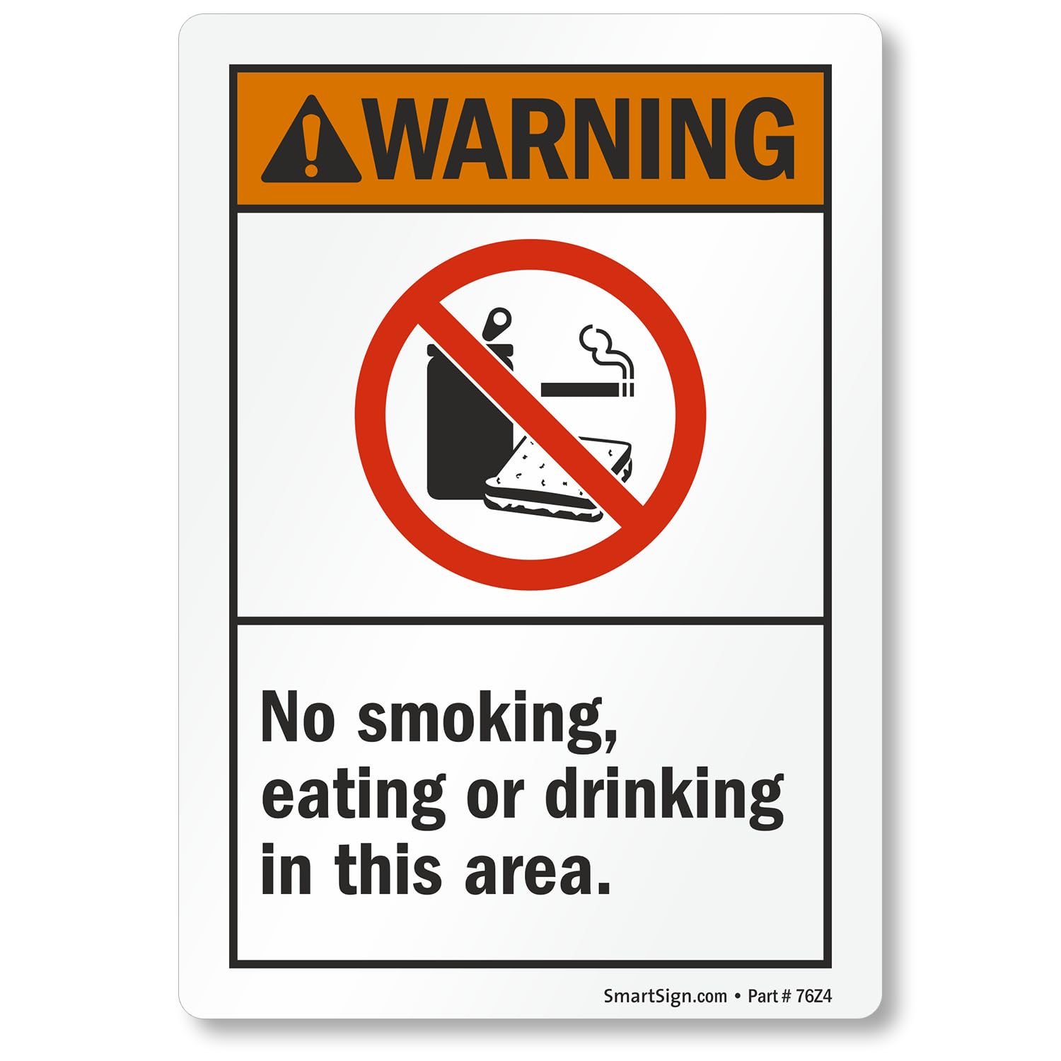 SmartSign - U9-1638-ND "Warning - No Smoking, Eating or Drinking In This Area" Label | 3.5" x 5" Laminated Vinyl , Black/Orange on White