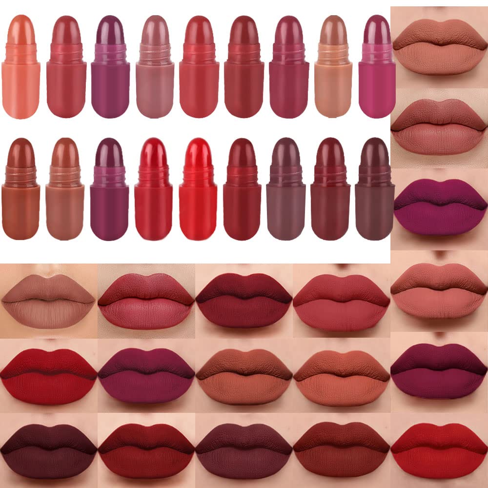 evpct 18Pcs Mini Pills Lipstick Capsule Set for Women Waterproof Long Lasting Deep Red Matte Small Magic Permanent Lipstick 24 Hour Lipstick Bulk Samples Sampler labiales mate 24 horas originales 01