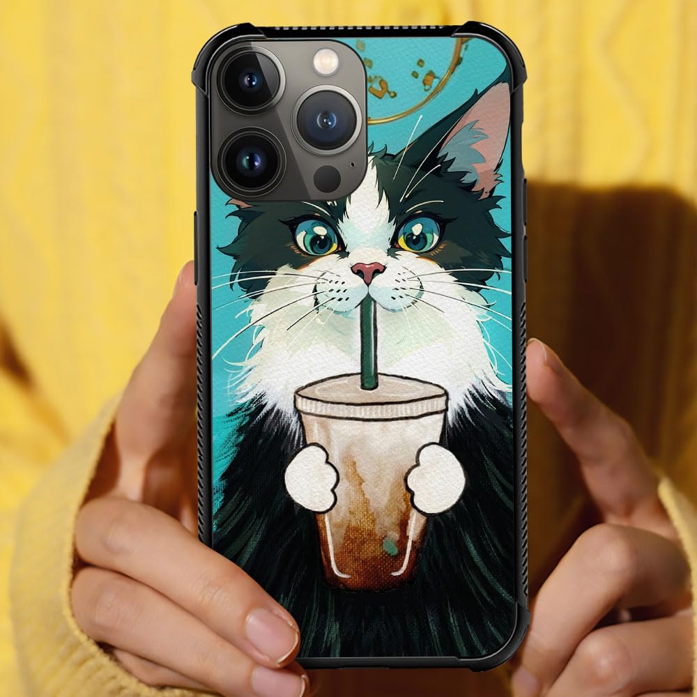 Goodsprout Compatible with iPhone 12 Pro Max Case Cat Drinking Coffee Pattern Graphic for Girls,Protection Shockproof Soft Silicone TPU Non-Slip Back for iPhone 12 Pro Max