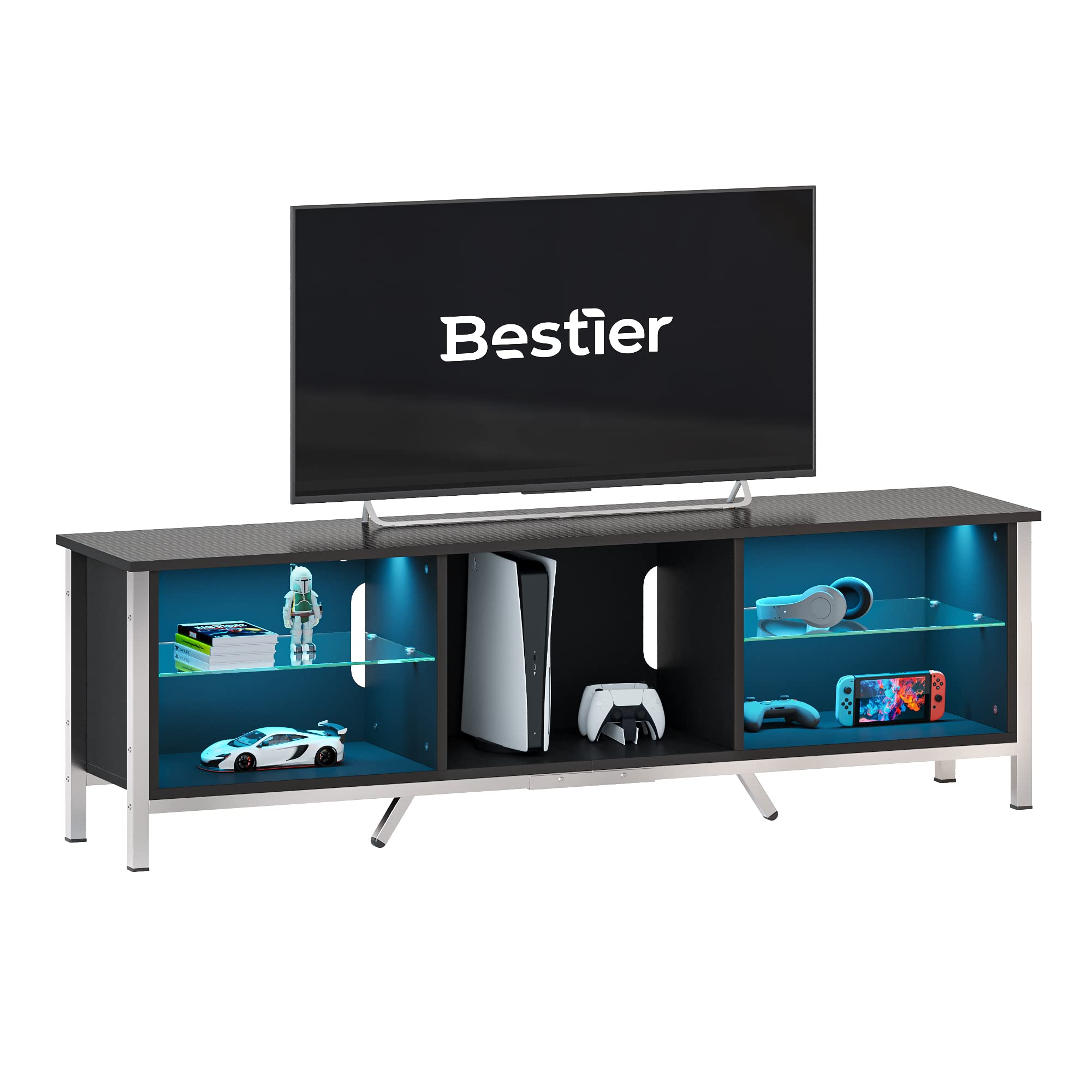 Bestier TV Stand with LED Light for 75 inch TV, Modern Gaming Entertainment Center with Detachable Glass Shelves for PS5 Black Carbon Fiber