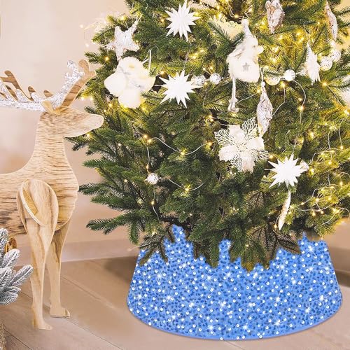 OMKSIH Christmas Tree Collar 24 Inches Baby Blue Sequin Tree Skirts for Artificial Trees Xmas Tree Base Cover Double-Layer Velvet Tree Skirt Cover Glitter Tree Stand Collar for Christmas Decorations