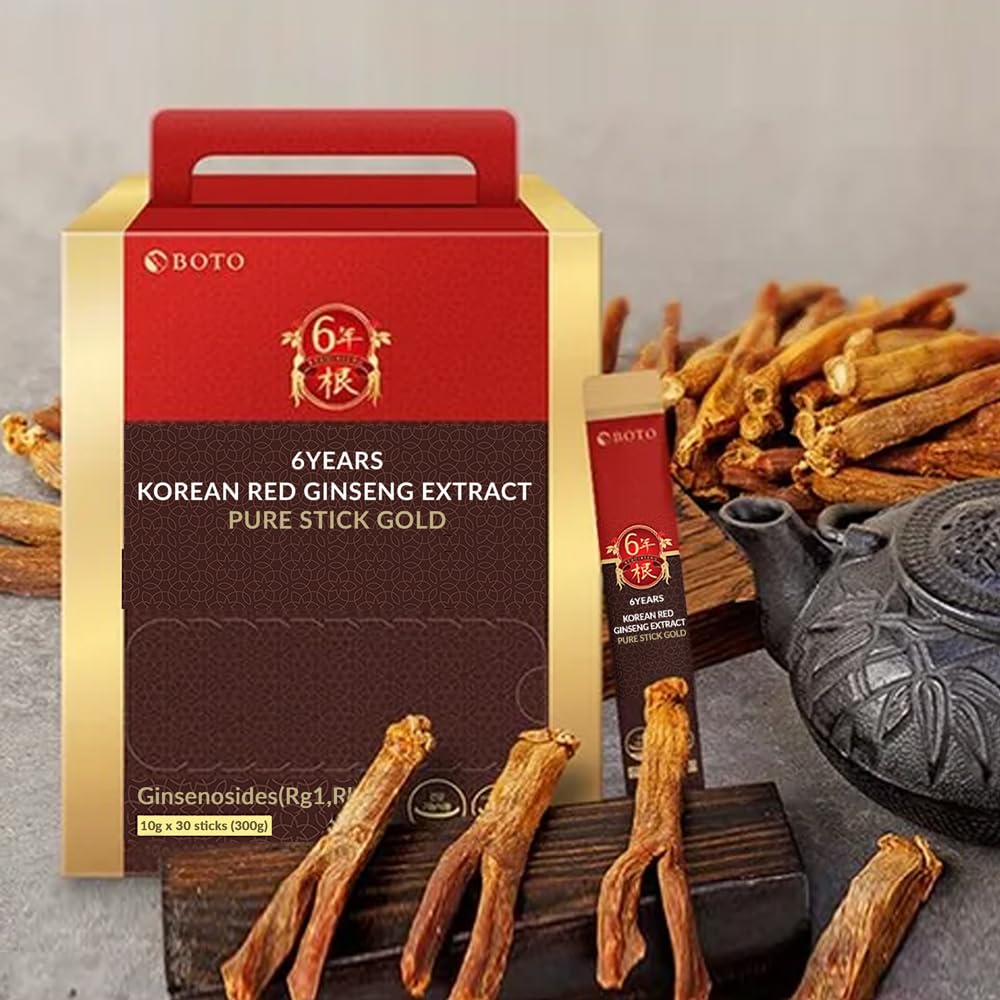 BOTO 6 Years Korean Red Ginseng Gold Extract Natural Energy Supplements Nitric Oxide Brain Natural Immune Support Liquid Portable Sticks 30 Sachet for 1 Month