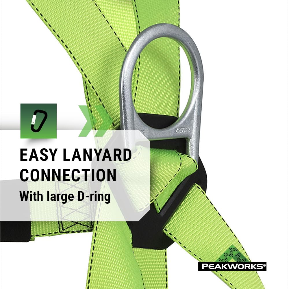 PeakWorks Safety Harness Fall Protection – Full Body, ANSI OSHA Compliant, Adjustable, Hi Vis, 3 Point System with Fall Indicator, D Ring - Green