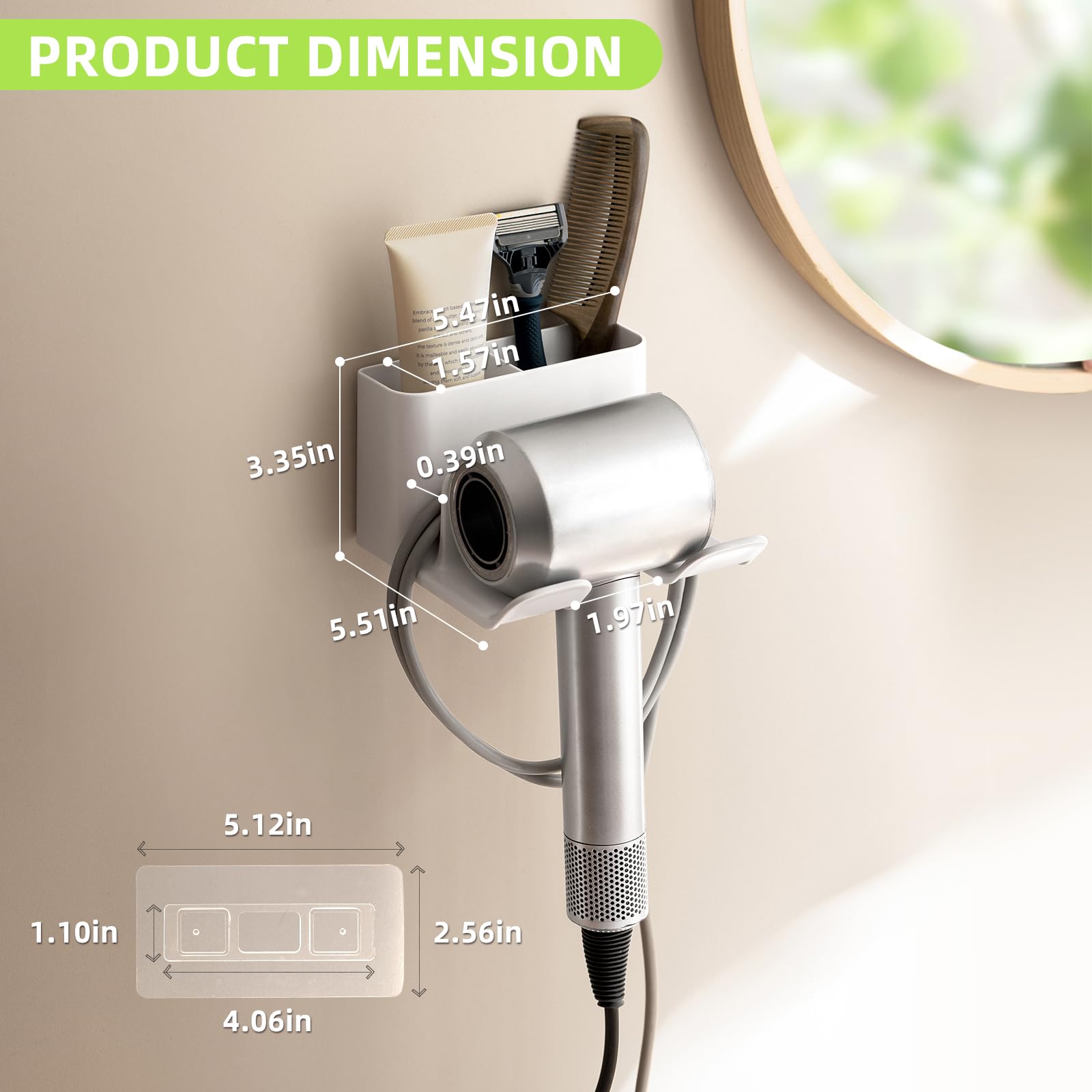 PAVSTINE Hair Dryer Holder Universal Wall Mount Blow Dryer Holder Strong Self Adhesive Hair Dryer Hanger with Plug&Cord Organizer Rack for Dyson Hair Dryer Holder Bathroom, Vanity, Cabinet, White