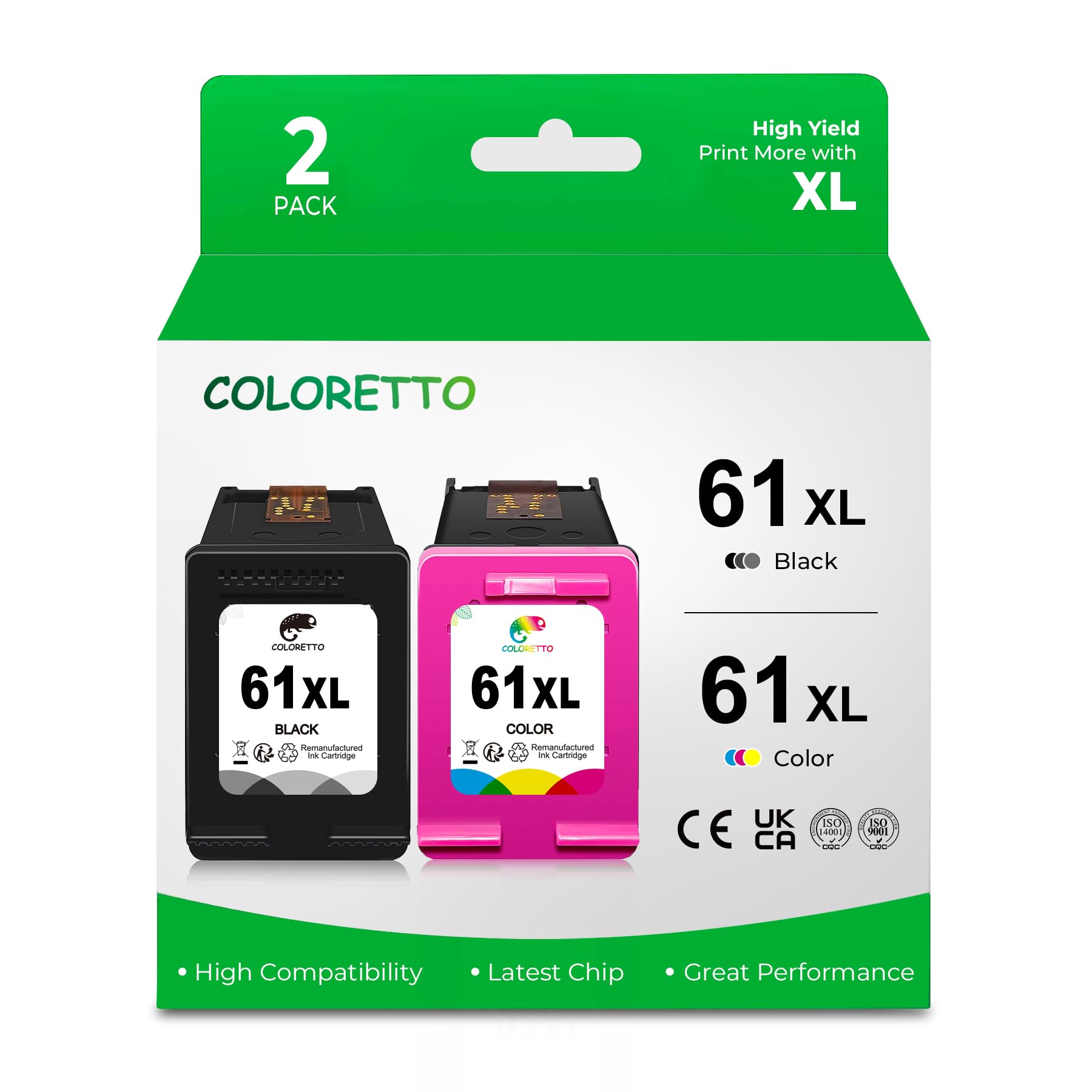 COLORETTO Remanufactured Printer Ink Cartridge Replacement for HP 61XL to use with Envy 4500 5530 5535 Deskjet 1510 1512 3050 3050A Officejet 2620 4630 (1 Black+1 Color) Combo Pack