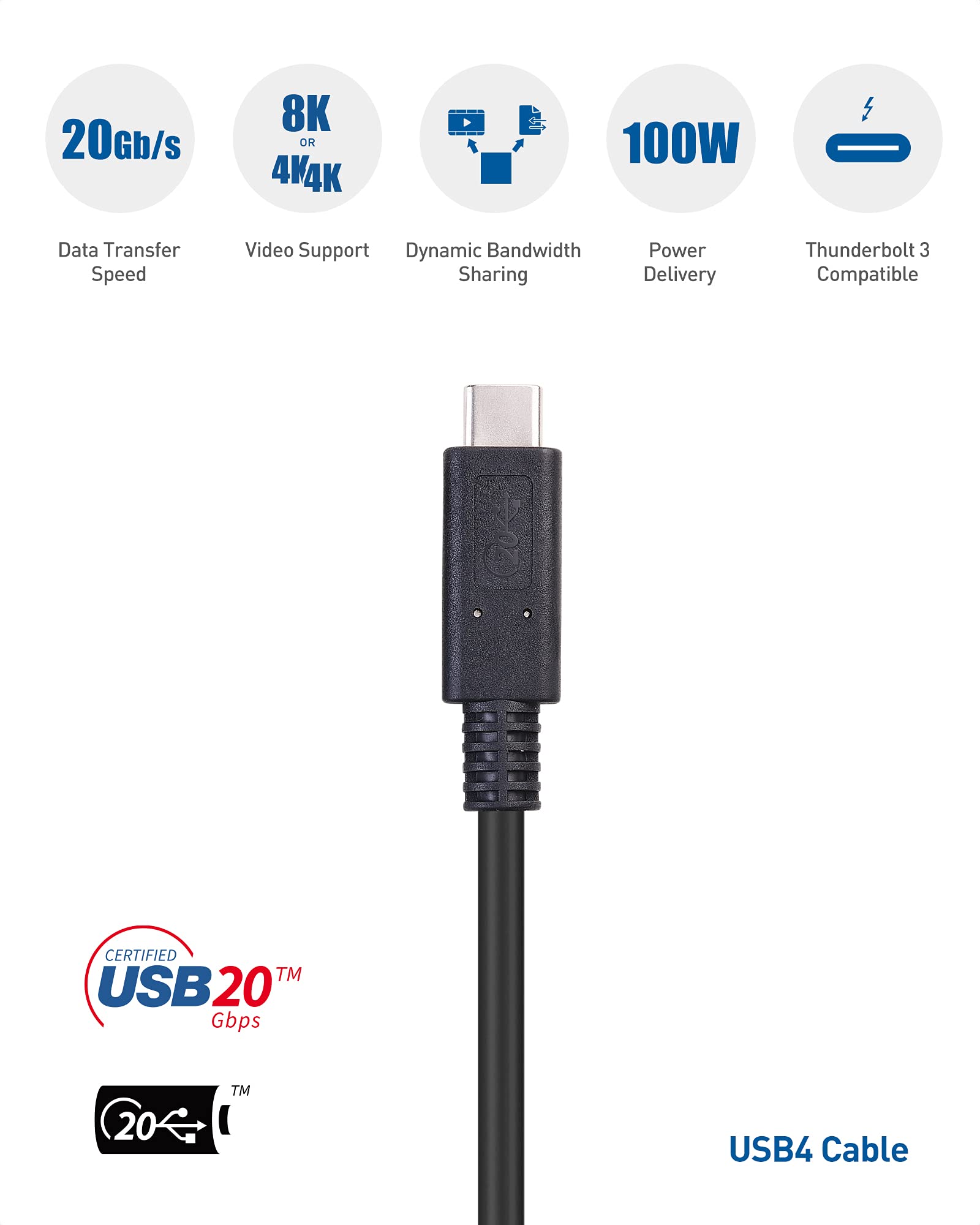 Cable Matters [USB-IF Certified] USB4 Cable/USB 4 Cable 6 ft with 20Gbps Data, 8K Video & 100W Charging, Compatible with Thunderbolt 4, for iPhone 16/15 Pro Max Plus, MacBook, XPS, Surface Pro