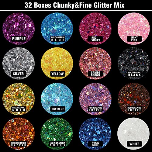 Teenitor Glitter, Rave Festival Chunky and Fine Glitter Mix,32 Colors Iridescent Loose Glitter, Cosmetic Makeup Face Body Hair Glitter