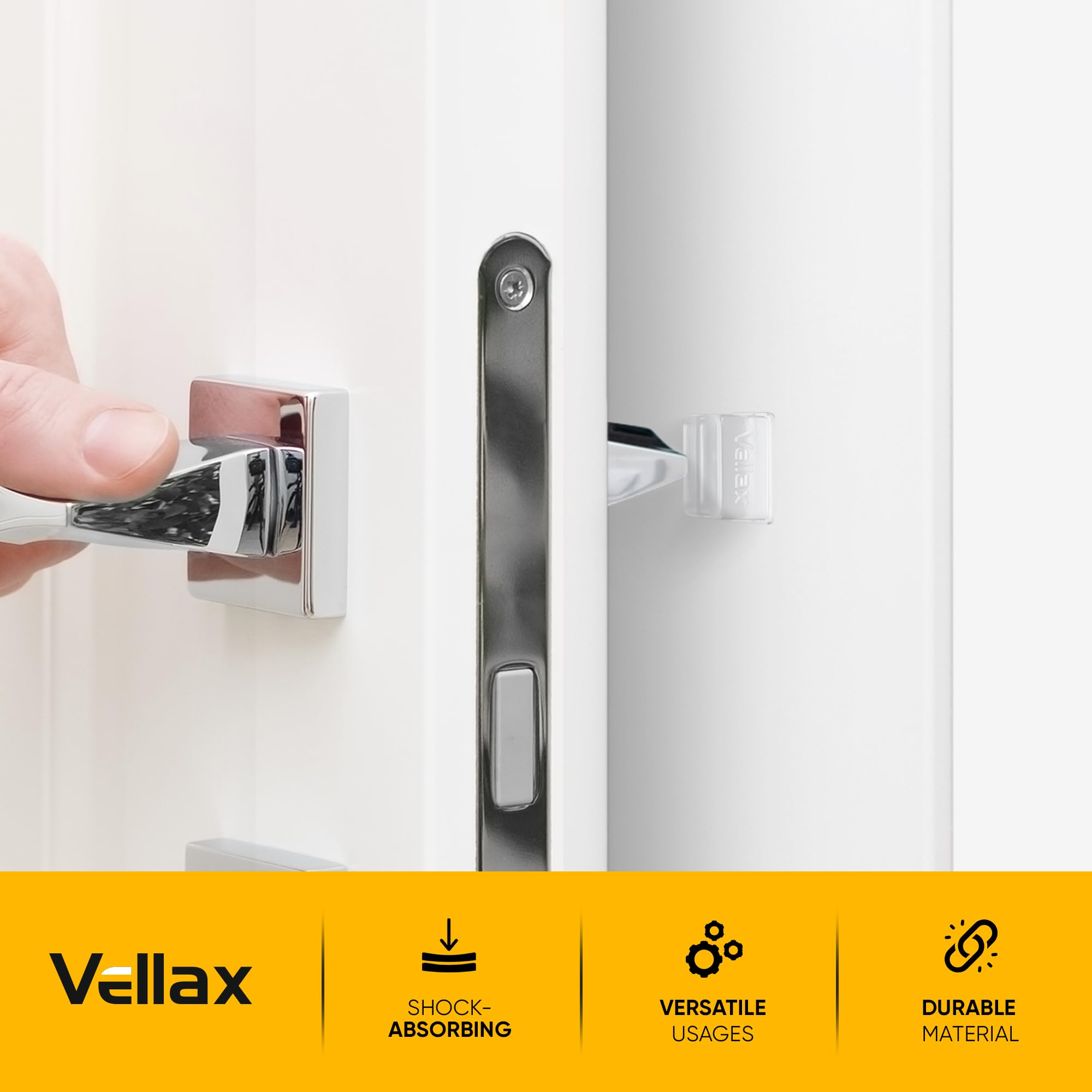 Small Door Knob Wall Protectors – 16 Clear Self-Adhesive Silicone Bumpers for Doors, Furniture & Walls – Anti-Vibration Feet for Electronics & Appliances in Square Block Shape by VELLAX