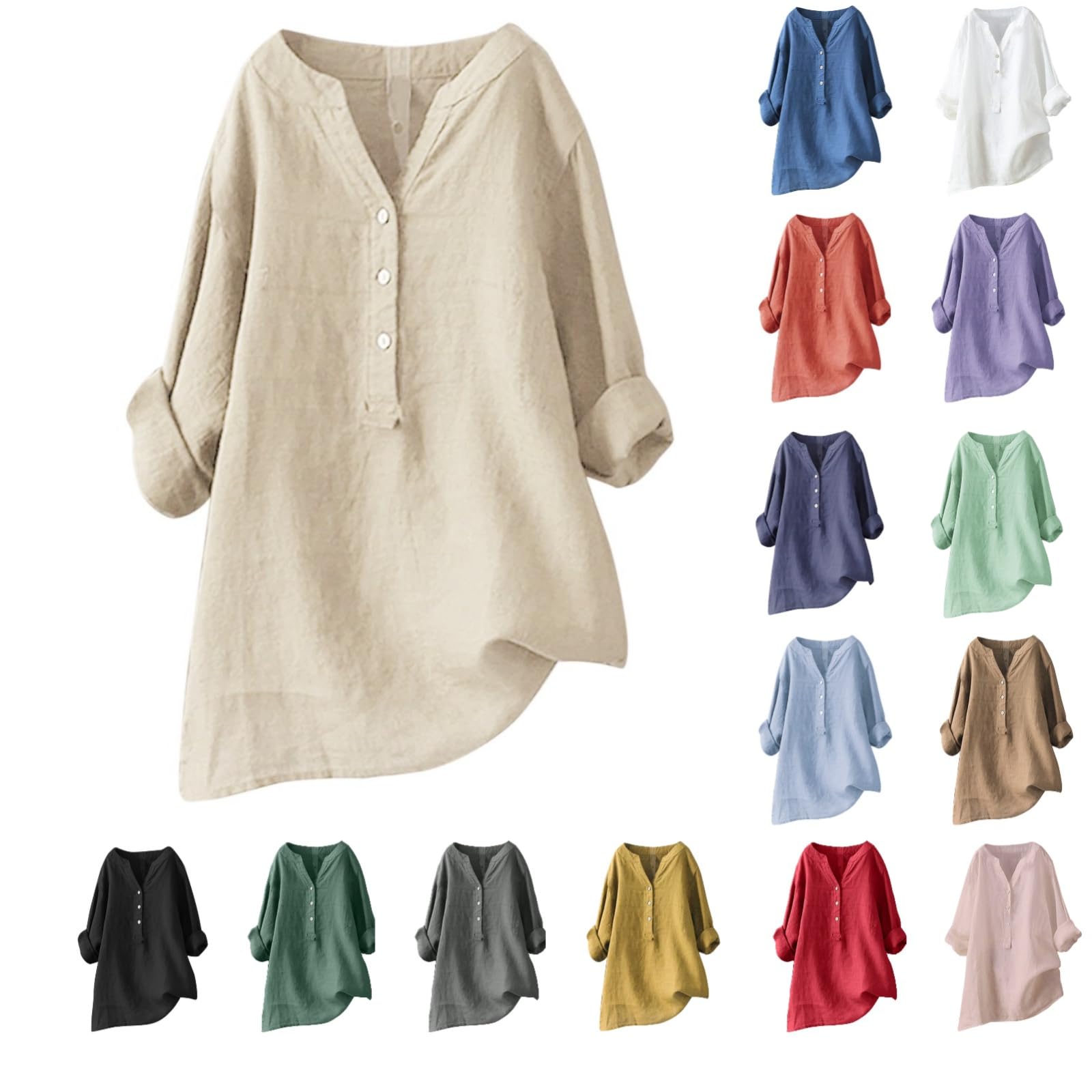 2024 lightning deals of today my orders Cotton Linen Shirts for Women 2024 Buttons V Neck Long Sleeve Tops Trendy Dressy Blouses Casual Loose Comfy Tunic Clothes spring tops Beige XL