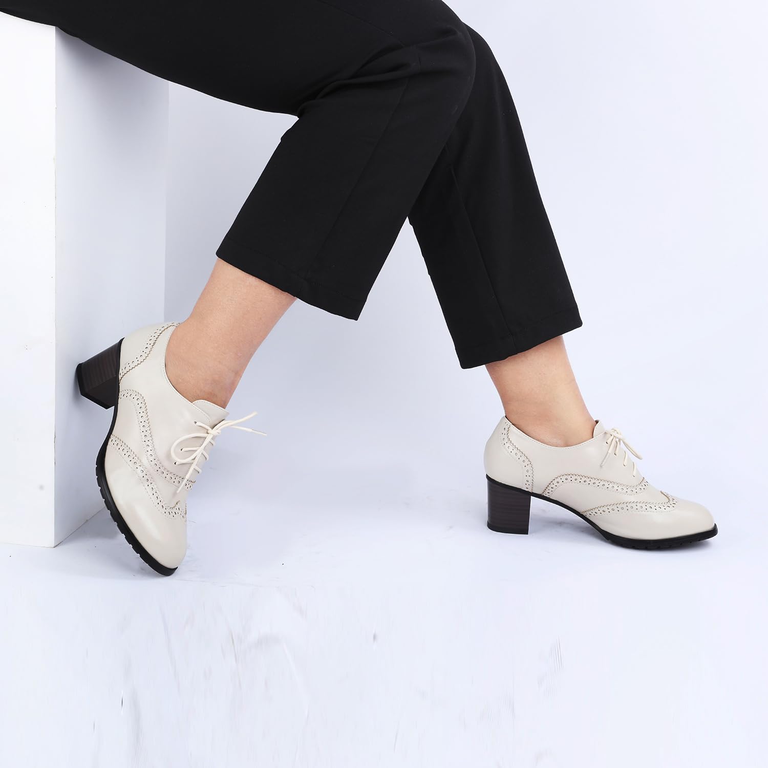 Odema Women's Lace-Up Chunky Oxfords Classic Mid-Heel Formal Dress Shoes T-Strap Heels for Women Beige