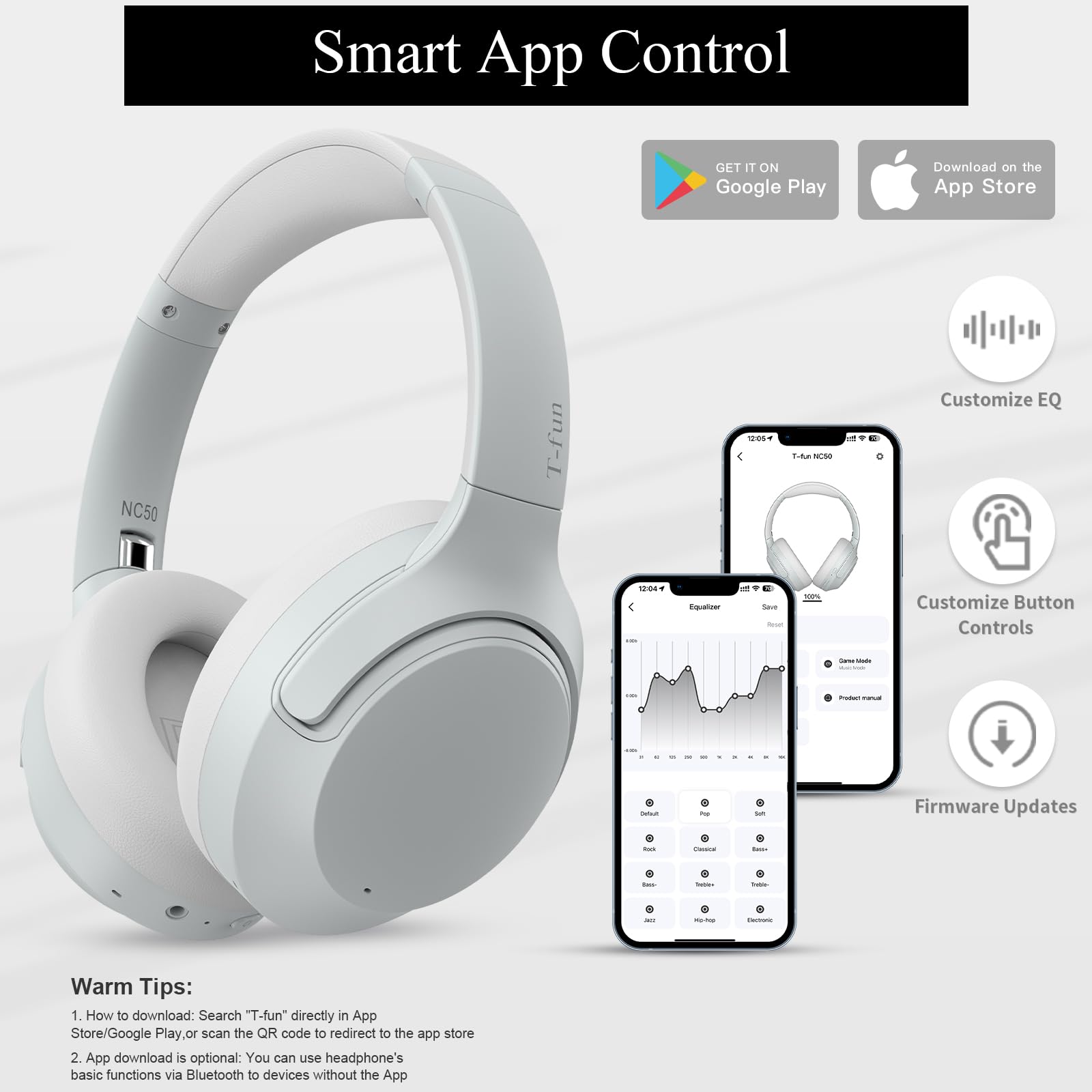 T-fun NC50 Hybrid Active Noise Cancelling Headphones Wireless Bluetooth 5.3, Foldable Over Ear Headphones, Custom EQ via App, 65 Hours Playtime, Low Latency Game Mode, Multipoint Connection