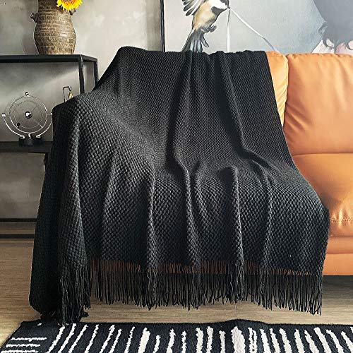 LOMAO Knitted Throw Blanket with Tassels Bubble Textured Lightweight Soft Throws for Couch Cover Home Decor (Navy, 50x60)