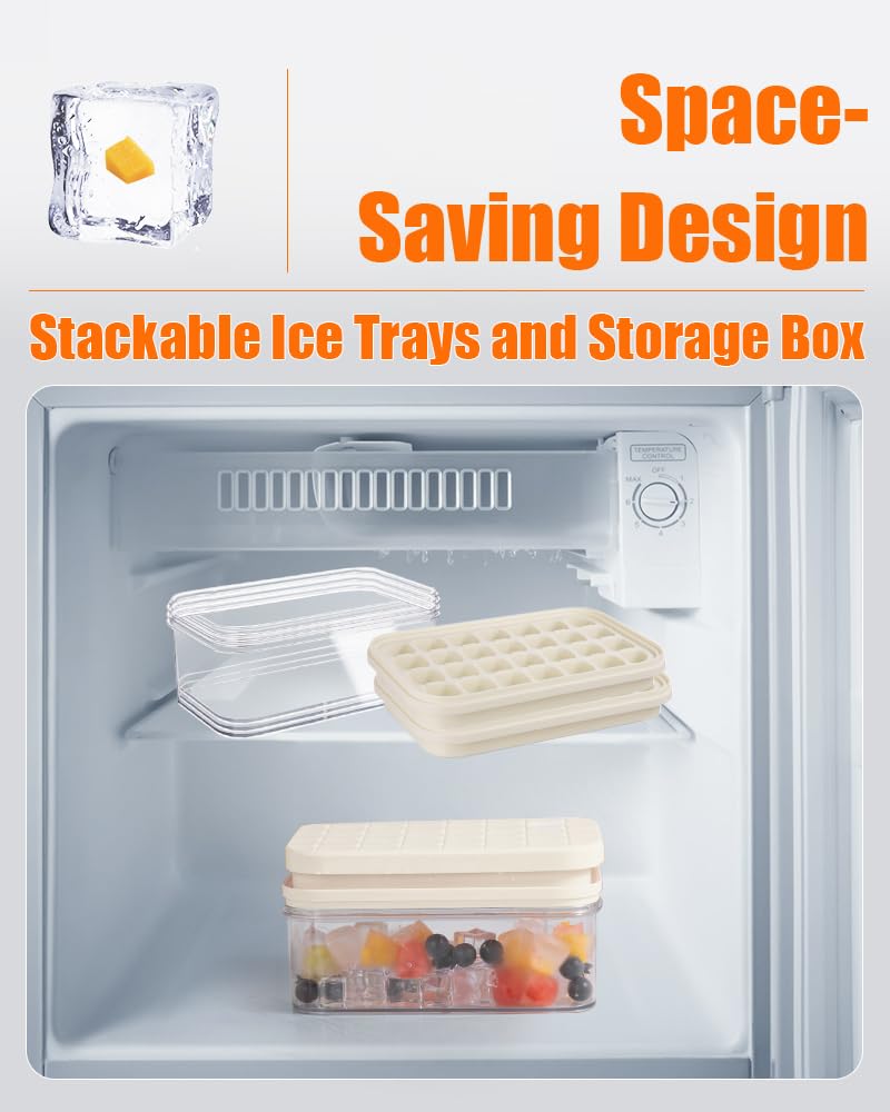 Brigii Ice Cube Tray with Lid&Bin, Ice Cube Mold with 56 Cubes, Stackable Ice Trays for Freezer with Easy-Release Silicone Bottom, for Drinks, Wine, Coffee