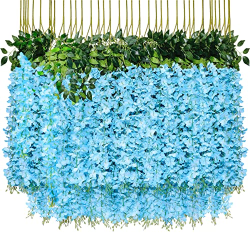 Pauwer Wisteria Hanging Flowers 24 Pack Fake Flower Garland Artificial Wisteria Vines Rattan Silk Flower String Wedding Party Wall Decorations,Blue