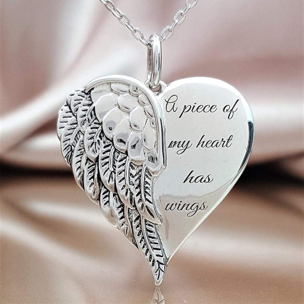 smallwoodi Exquisite Stylish Pendant,Fashion Women Angel A Piece Of My Heart Has Wings Letter Pendant Necklace Gift for Women Jewelry Silver