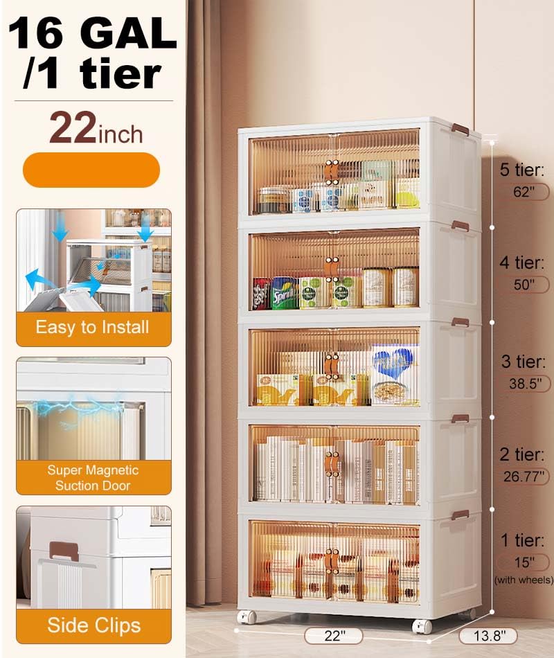 SAILUN 3 Pack 16 Gal Stackable Folding Storage Bins with 4 Lids, Closet Organizers and Storage, Folding Storage Box with Doors Collapsible Storage Cabinet Bins (22" Wx13.8 Dx38.5 H)