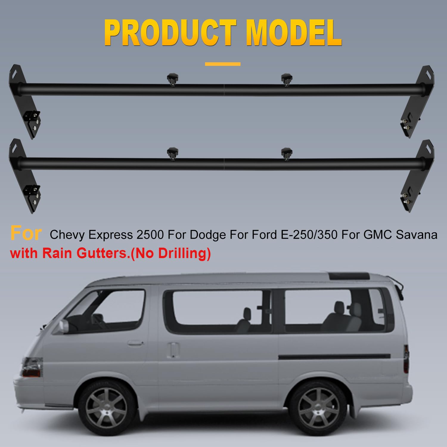 OCPTY Extendable Pick-Up Truck Ladder Rack Van Roof Mount 78.8" Steel Ladder Rack for Chevy Express 2500 for Dodge for Ford E-250/350 for GMC Savana with Rain Gutters (No Drilling) 2 Bars Set - Black