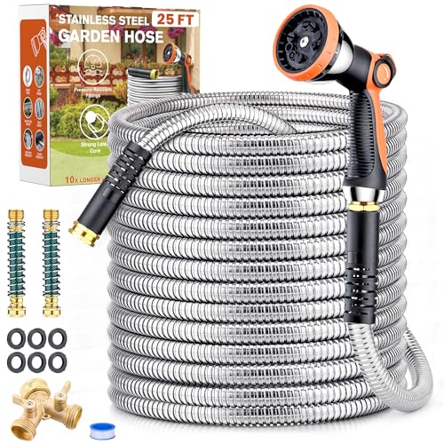 Metal Garden Hose 25ft, Yumatum 304 Stainless Steel Water Hose With 2 Hose Extension Adapter, 2-Ways Hose Splitter and 10-Function Nozzle, 3/4'' Fittings, No Tangle & Kink for Outdoor