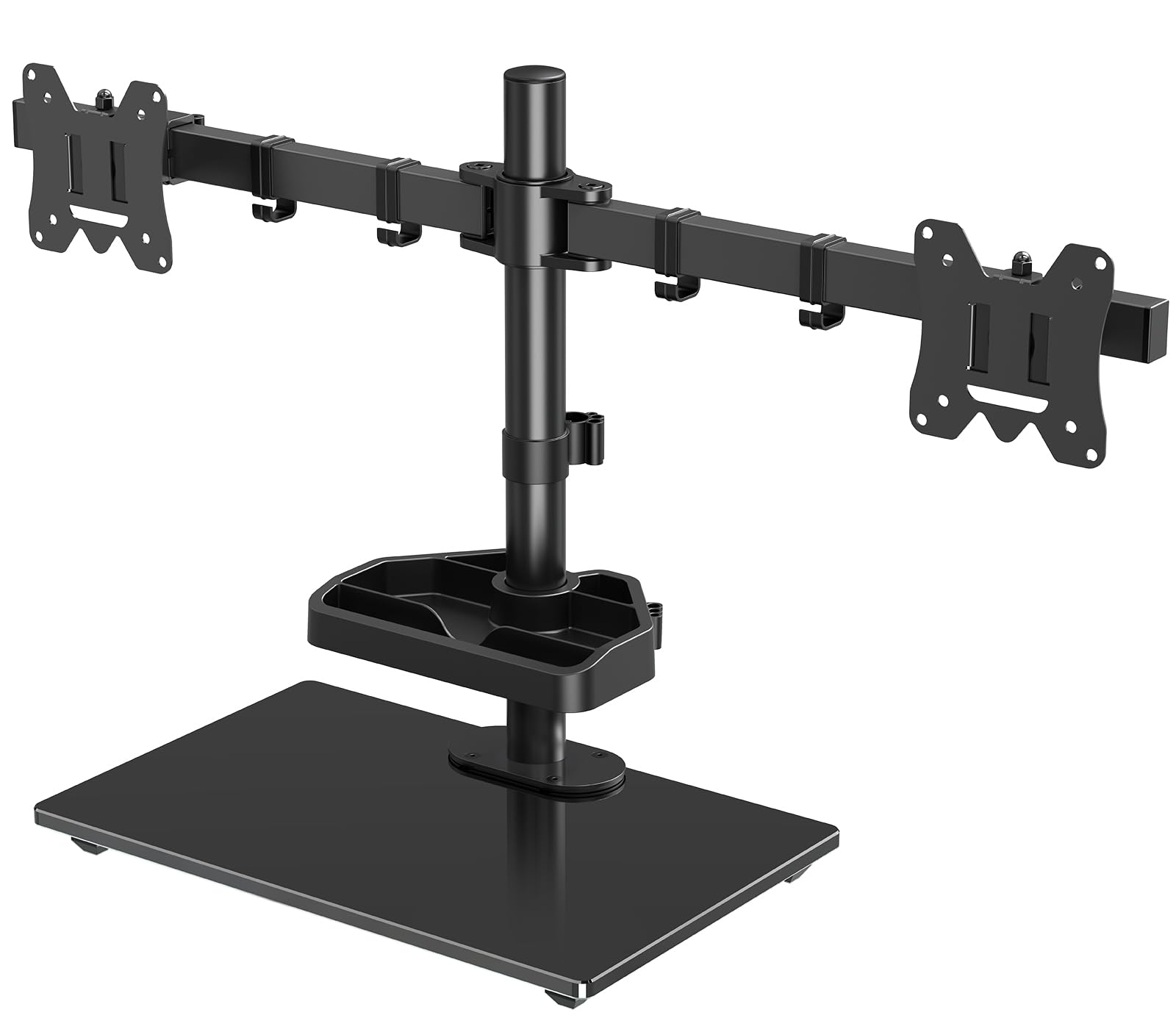 MOUNTUP Dual Monitor Stand, Free Standing Monitor Desk Mount for 2 Screens fits 13-27 inch, Holds Max 17.6 lbs, Computer Monitor Arms with Tempered Glass Base & Storage Tray VESA 75x75 &100x100mm