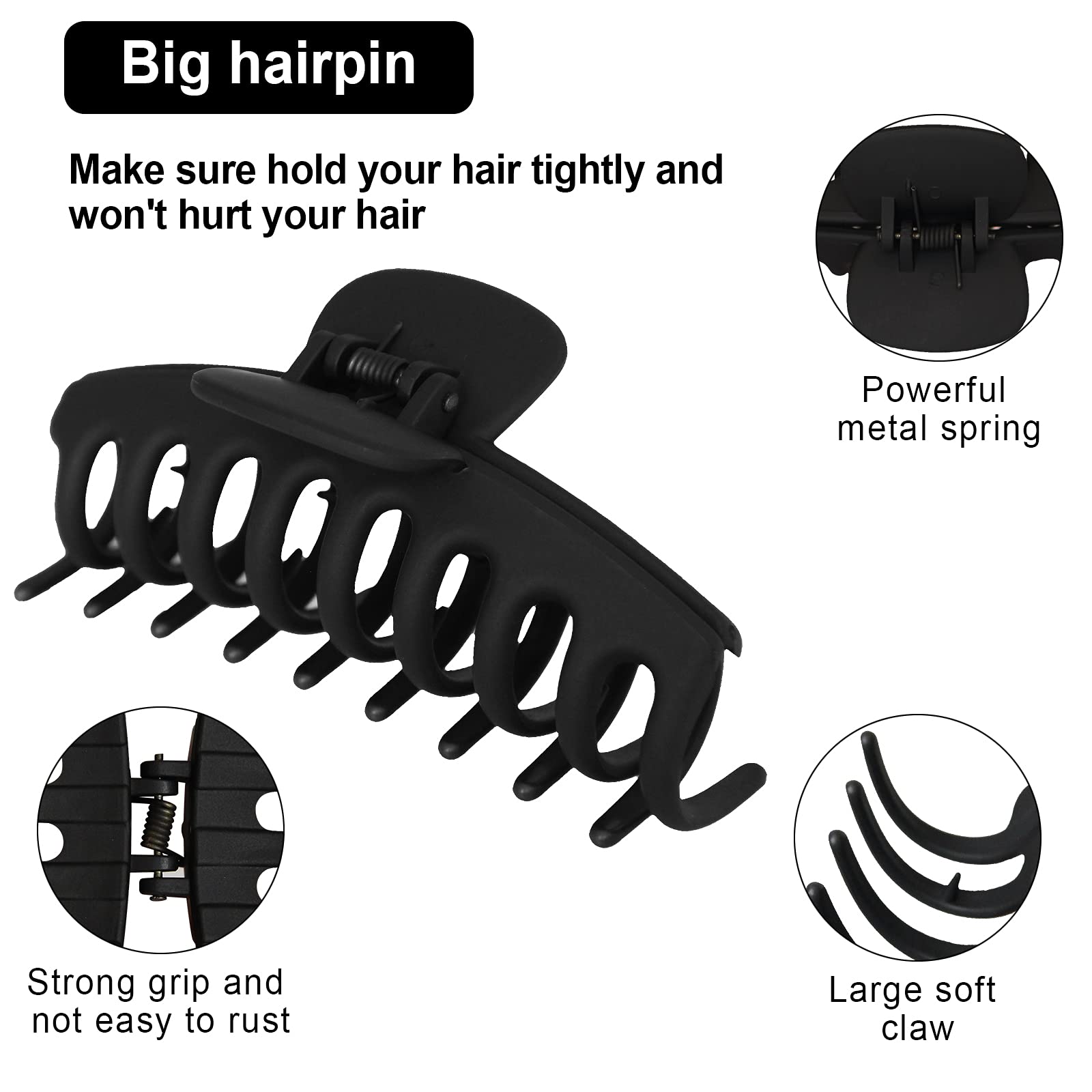 2 Pack Big Hair Claw Clips Nonslip Large Claw Clip for Women and Girls Hair,Strong Hold Grips Hair Accessories 4 Inch (Black)