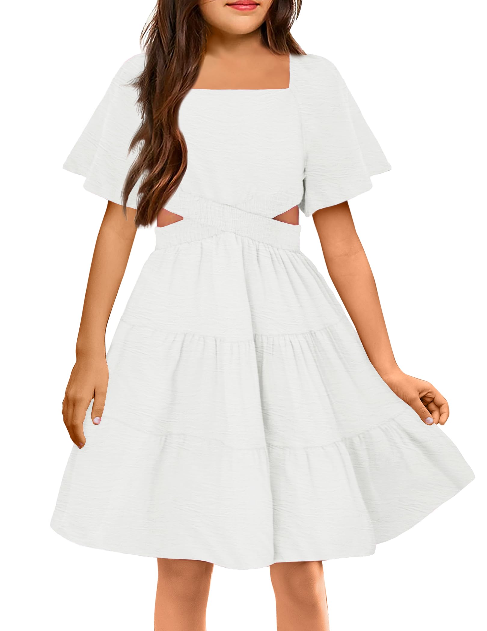 Arshiner Girls White Dresses Cut Out Shirred Summer Tween Birthday Dress Size 7-8