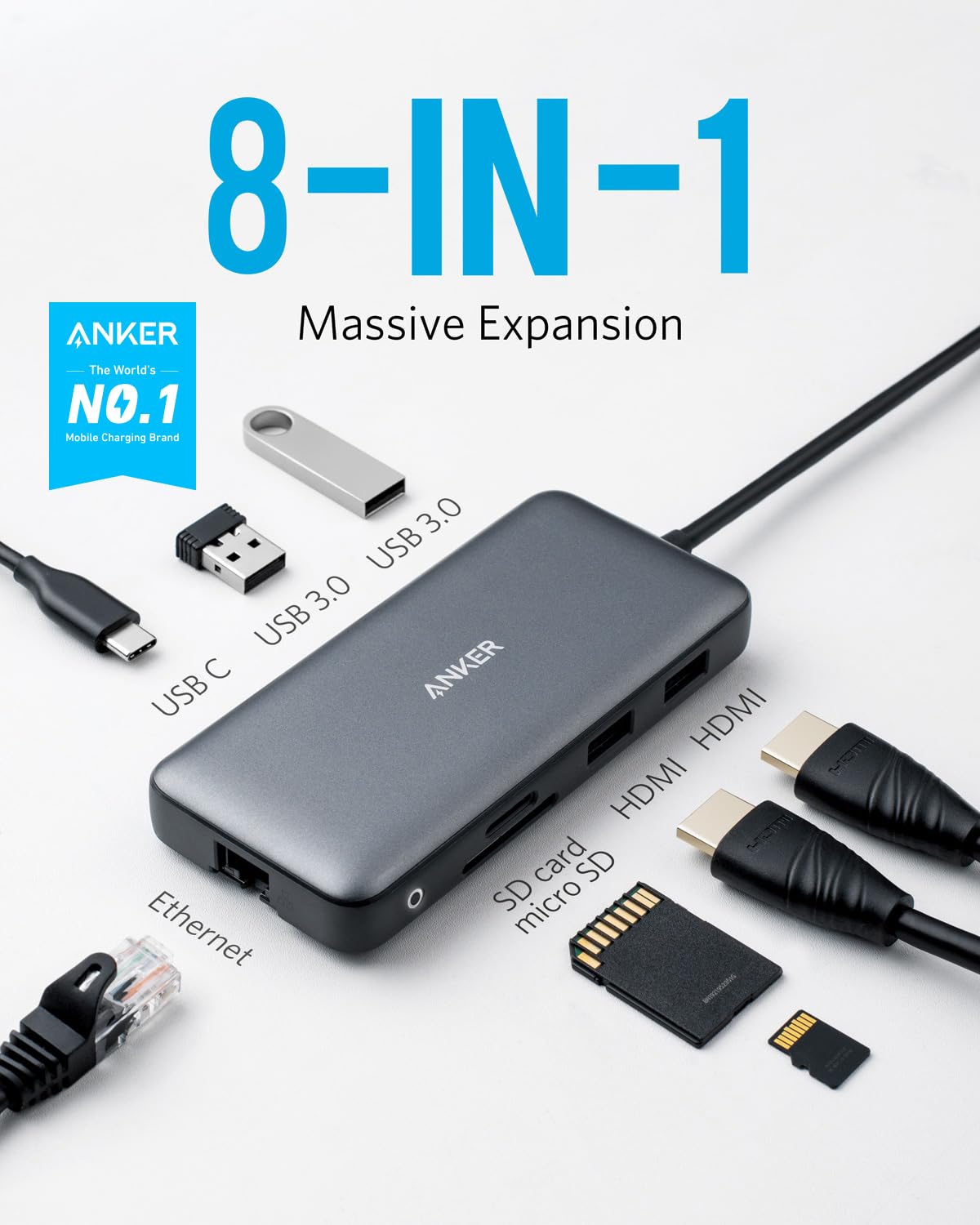 Anker 553 USB-C Hub, 8-in-1 USB C Dock, Dual 4K HDMI USB C to USB Adapter, 1 Gbps Ethernet USB Hub, 100W Power Delivery, SD Card Reader for MacBook Pro, XPS and More