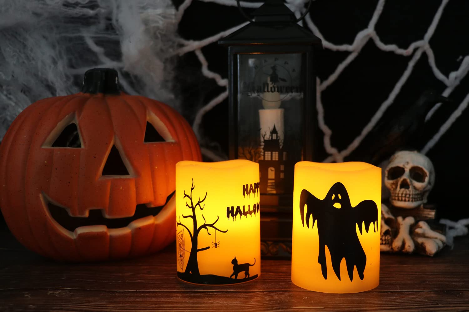 GenSwin Halloween Battery Flameless Candles with 6 Hour Timer, Real Wax Flickering LED Candles Set of 2 Ghost, Halloween Cat Decal for Halloween Home Decoration Gifts(3 x 4 Inch)