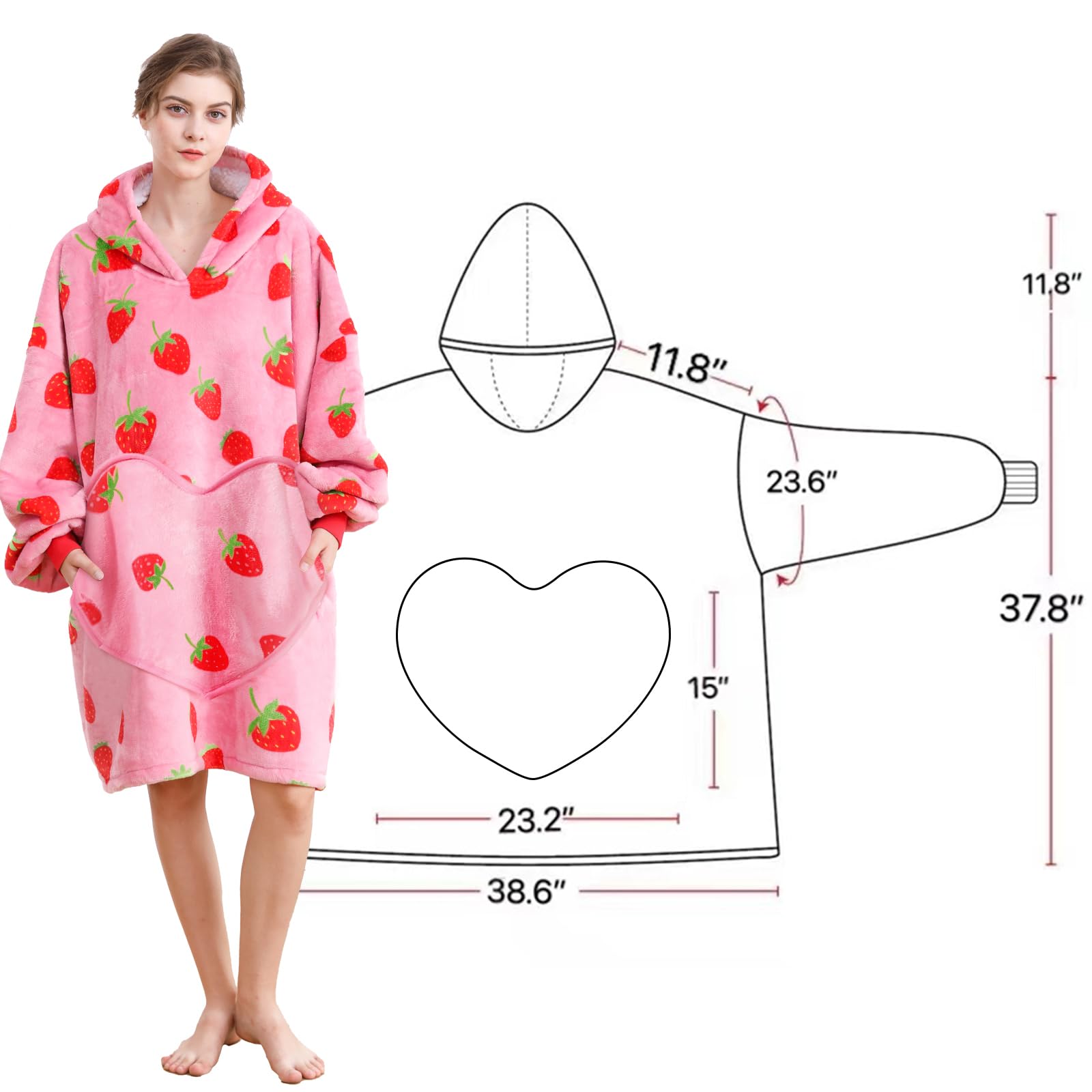 Dietersler Wearable Blanket Hoodie For Women, Strawberry Oversized Blanket Hoodie, Warm Cozy Blanket Sweatshirt, Sherpa Hooded Blanket, Birthday Gifts for Women, Sister, Teen Girl, One Size for All