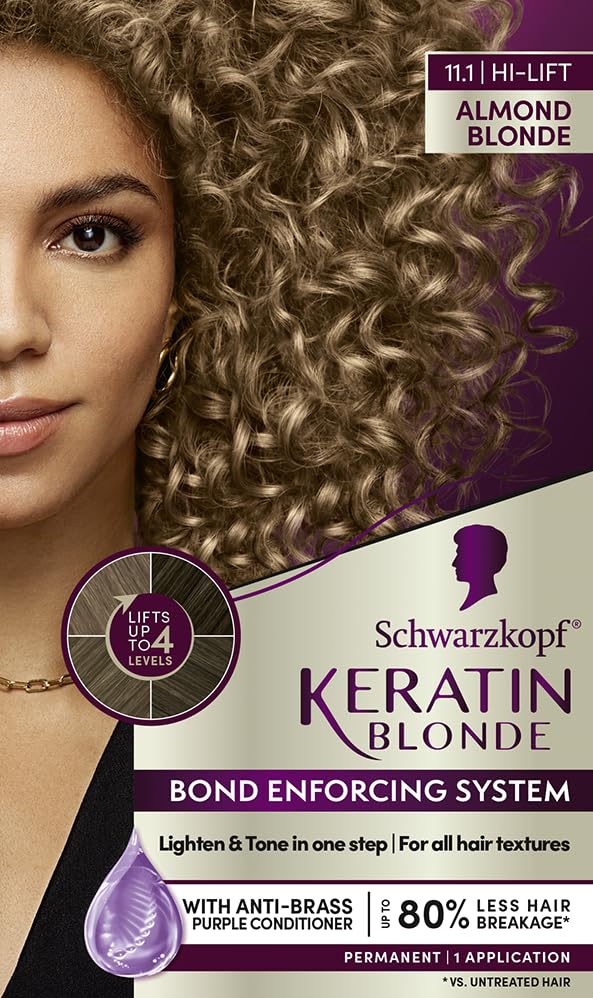 Schwarzkopf Keratin Blonde Hair Dye Almond Blonde 11.1, Hi-Lift Permanent Color, 1 Application - Hair Color Enriched with Keratin, Lightens up to 4 Levels and Protects Hair from Breakage