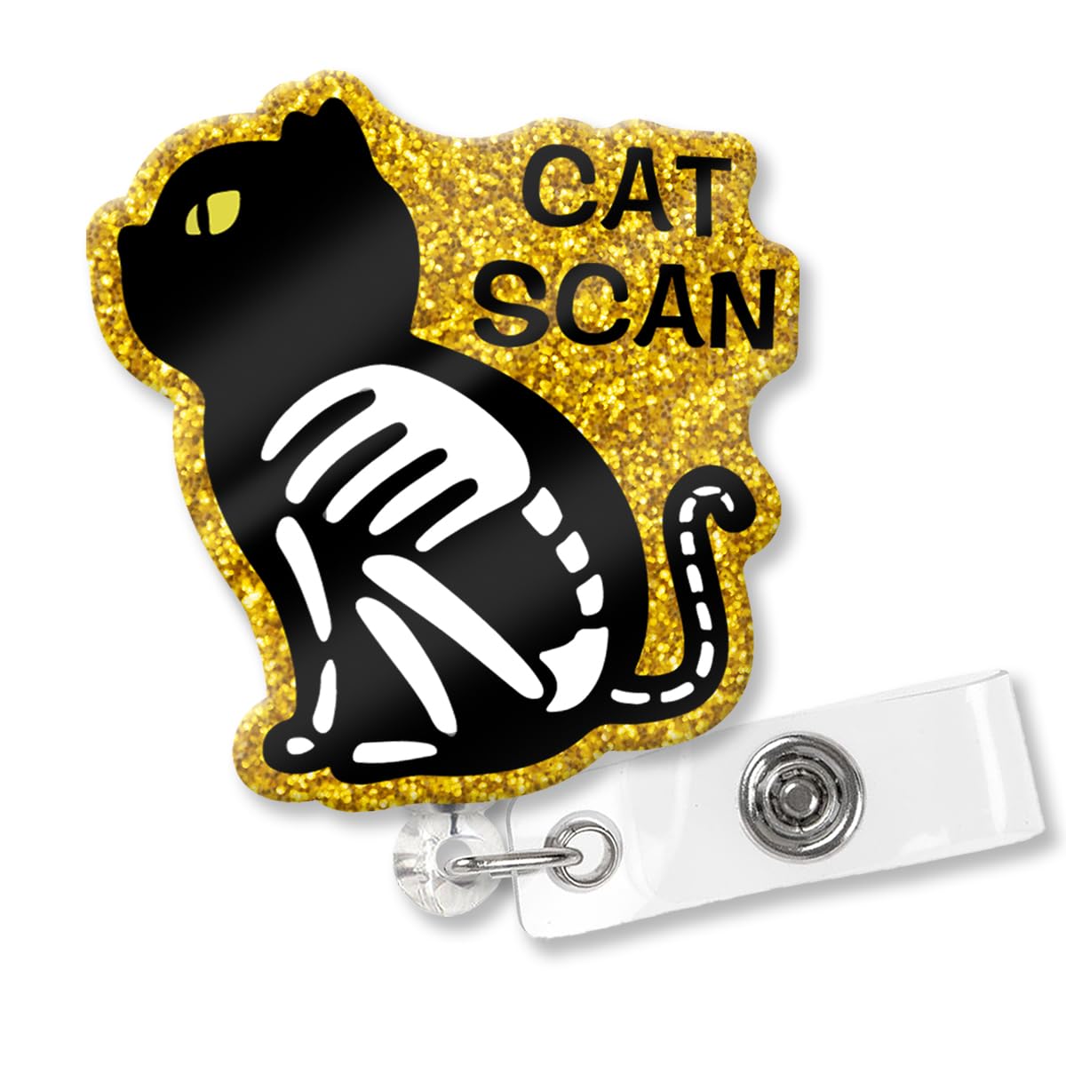 XQLZY Cat Scan Funny Gold Glitter Retractable Badge Reel with Shark Clip, Cute Black Cat Badge Holder Gift for Nurse Doctor Medical Assistant Veterinary X-Ray Personnel Radiology Tech Graduate