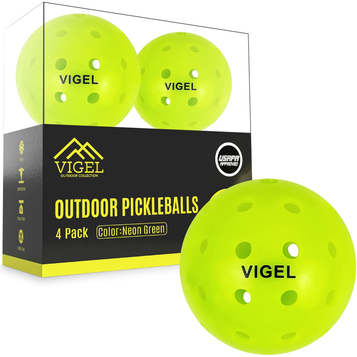 Vigel Premium Outdoor Pickleball Balls Set of 4 - USAPA Approved, Tournament and Competition play, Perfectly Balanced, High Bounce, True Flight, Durable, 40 Hole Pickleball, Ideal for All Skill Levels