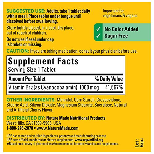 Nature Made Vitamin B12 1000 mcg, Easy to Take Sublingual B12 for Energy Metabolism Support, 150 Sugar Free Fast Dissolve Tablets, 150 Day Supply