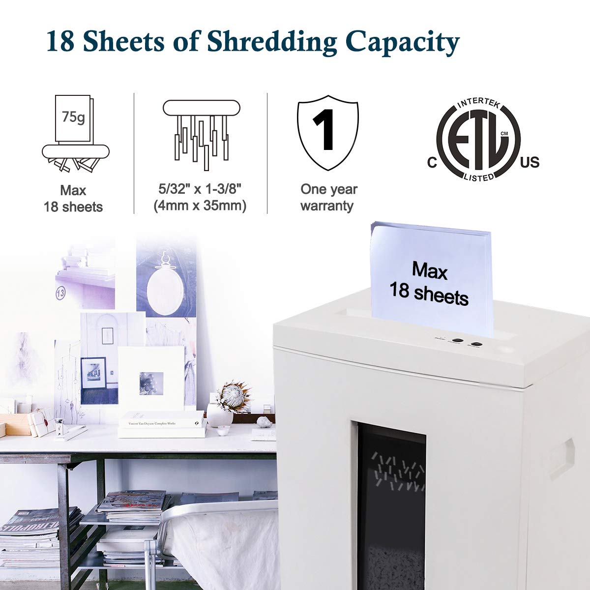 WOLVERINE 18-Sheet 60 Mins Running Time Cross Cut High Security Level P-4 Heavy Duty Paper/CD/Card Ultra Quiet Shredder for Home Office with 6 Gallons Pullout Waste Bin SD9113 (White ETL)