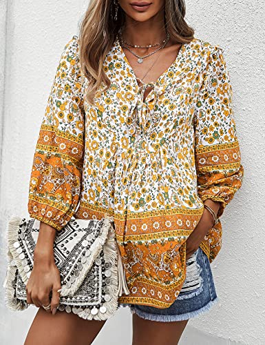 PRETTYGARDEN Women's Floral Ruffled Tunic Blouse Tie V Neck Casual Long Sleeve Babydoll Peplum Tops(02_Green,Small)